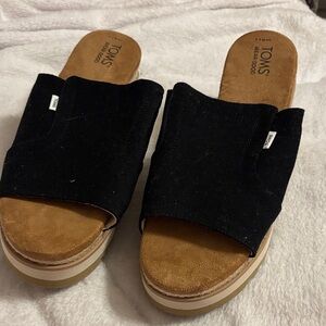 TOMS Black Canvas Mules with Brown Footbed